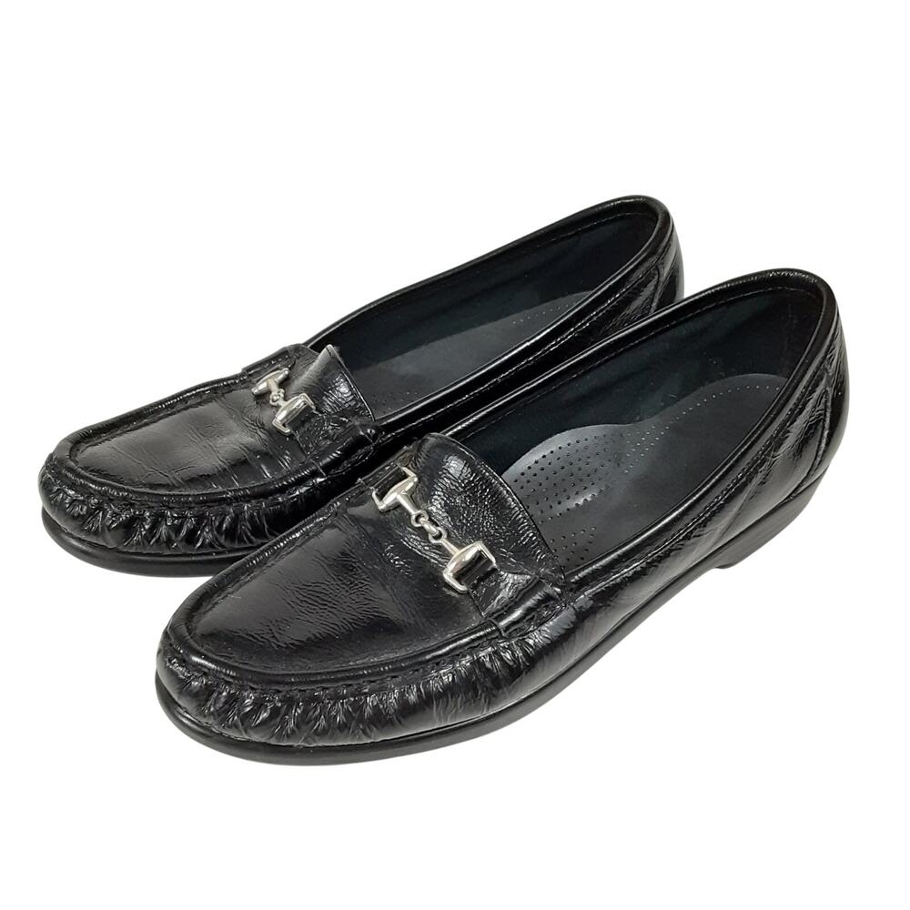 SAS Metro Loafers Black Patent Leather Womens 7.5N Horse Bit Bridle Moc Retro